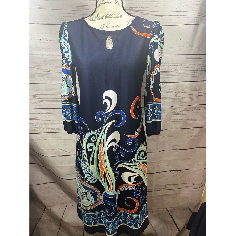 Shelby & Palmer Womens Navy Blue Paisley Keyhole 3/4 Sleeve‎ Sheath Dress Size S